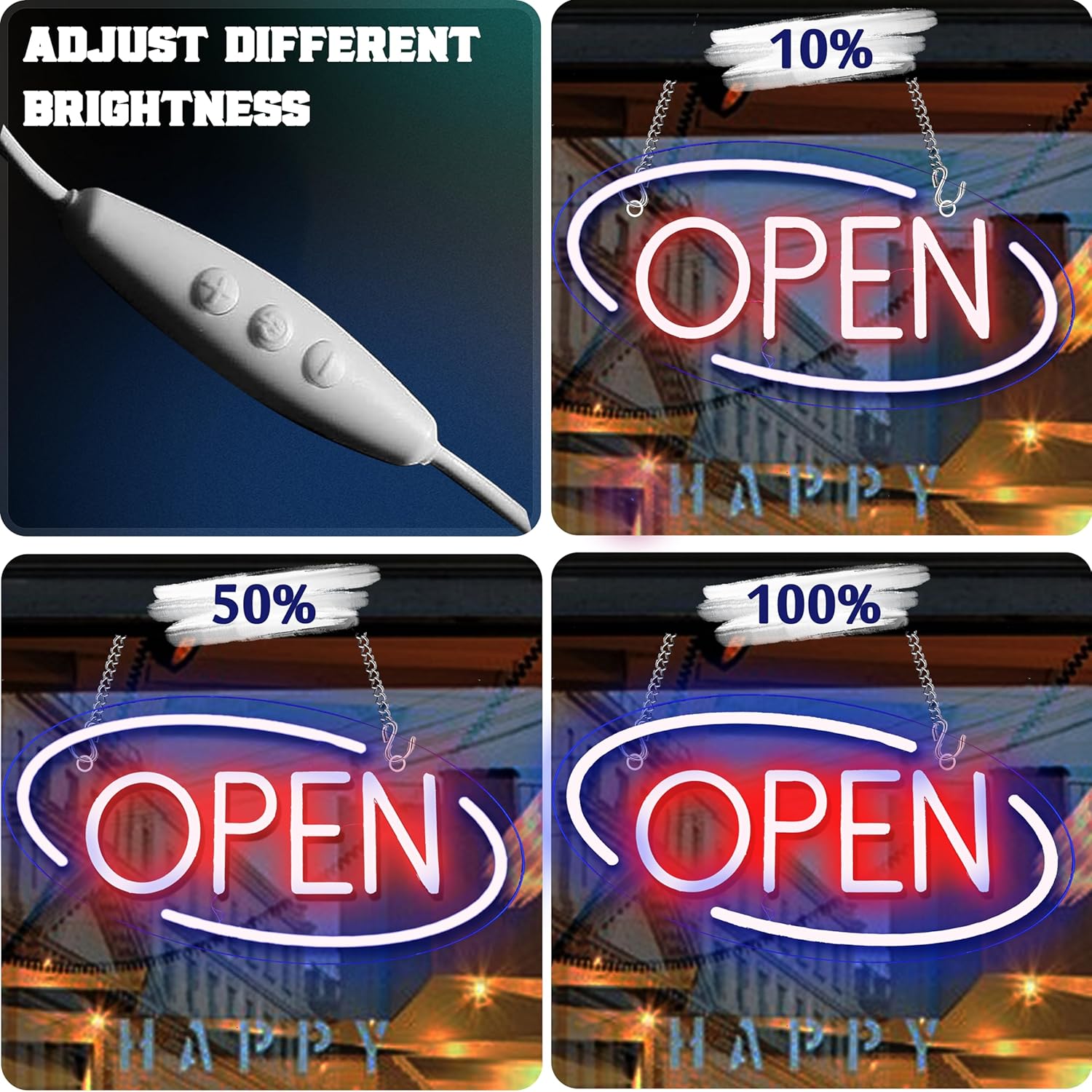 Neon 'OPEN' sign with brightness adjustment percentages displayed.