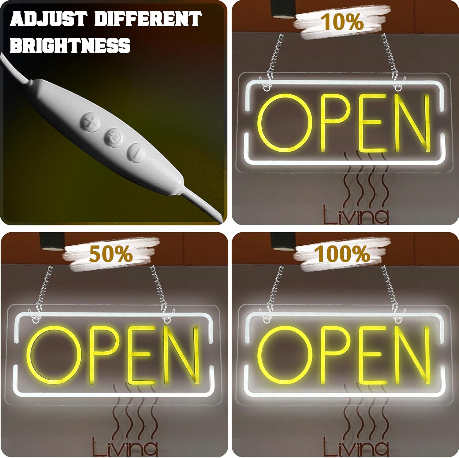 Neon 'OPEN' sign with brightness adjustment percentages on a brown background