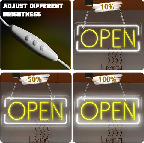 Neon 'OPEN' sign with brightness adjustment percentages on a brown background