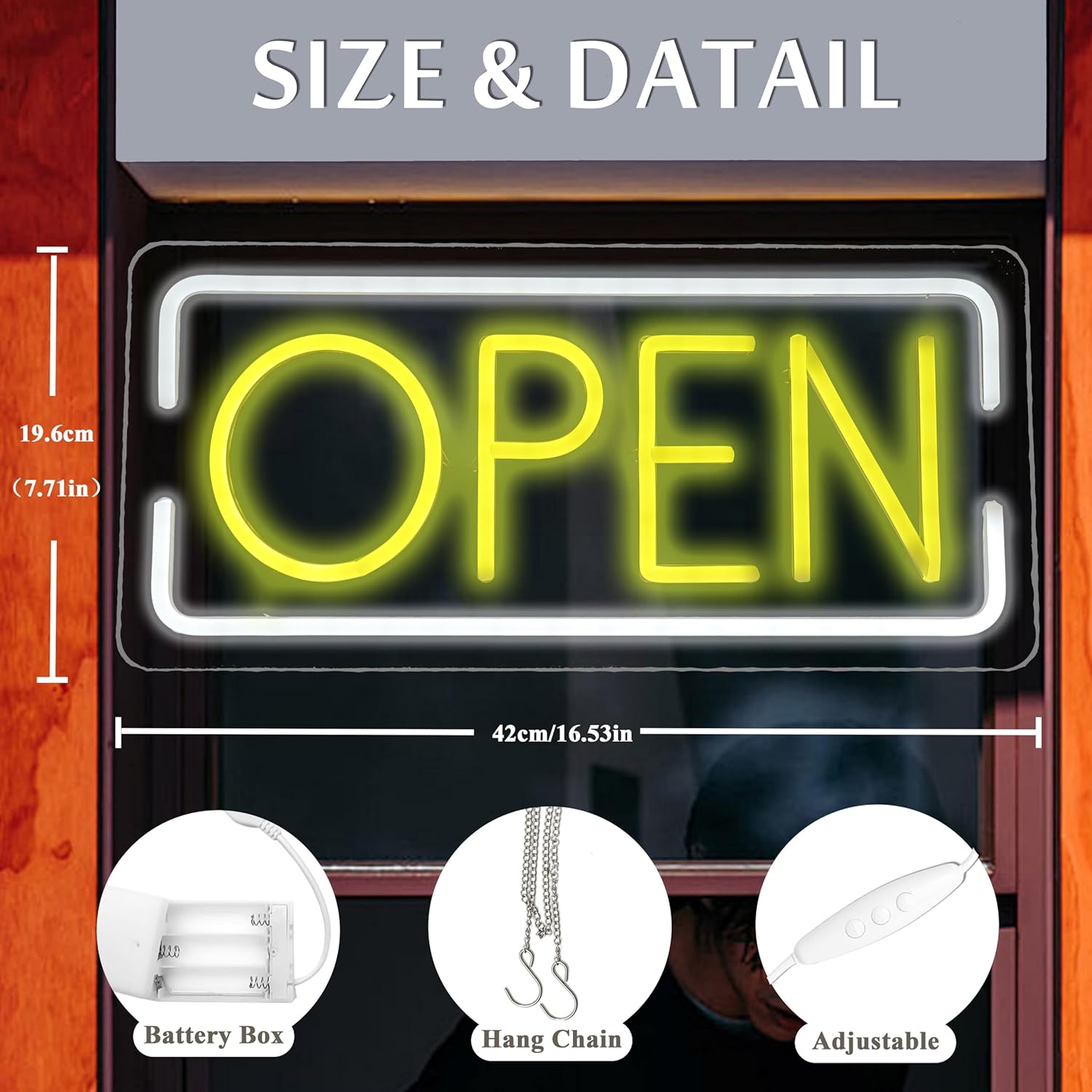 Neon 'OPEN' sign with measurements and accessories on a wooden background