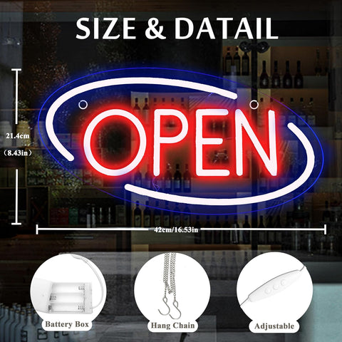 Neon 'OPEN' sign with measurements and additional features on a blurred background