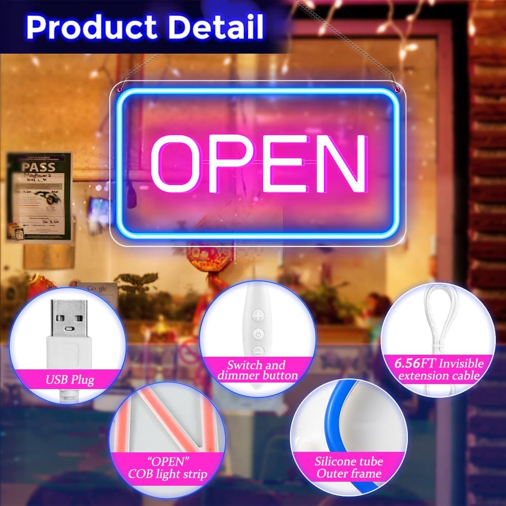 Neon 'OPEN' sign with product features highlighted on a blurred restaurant background