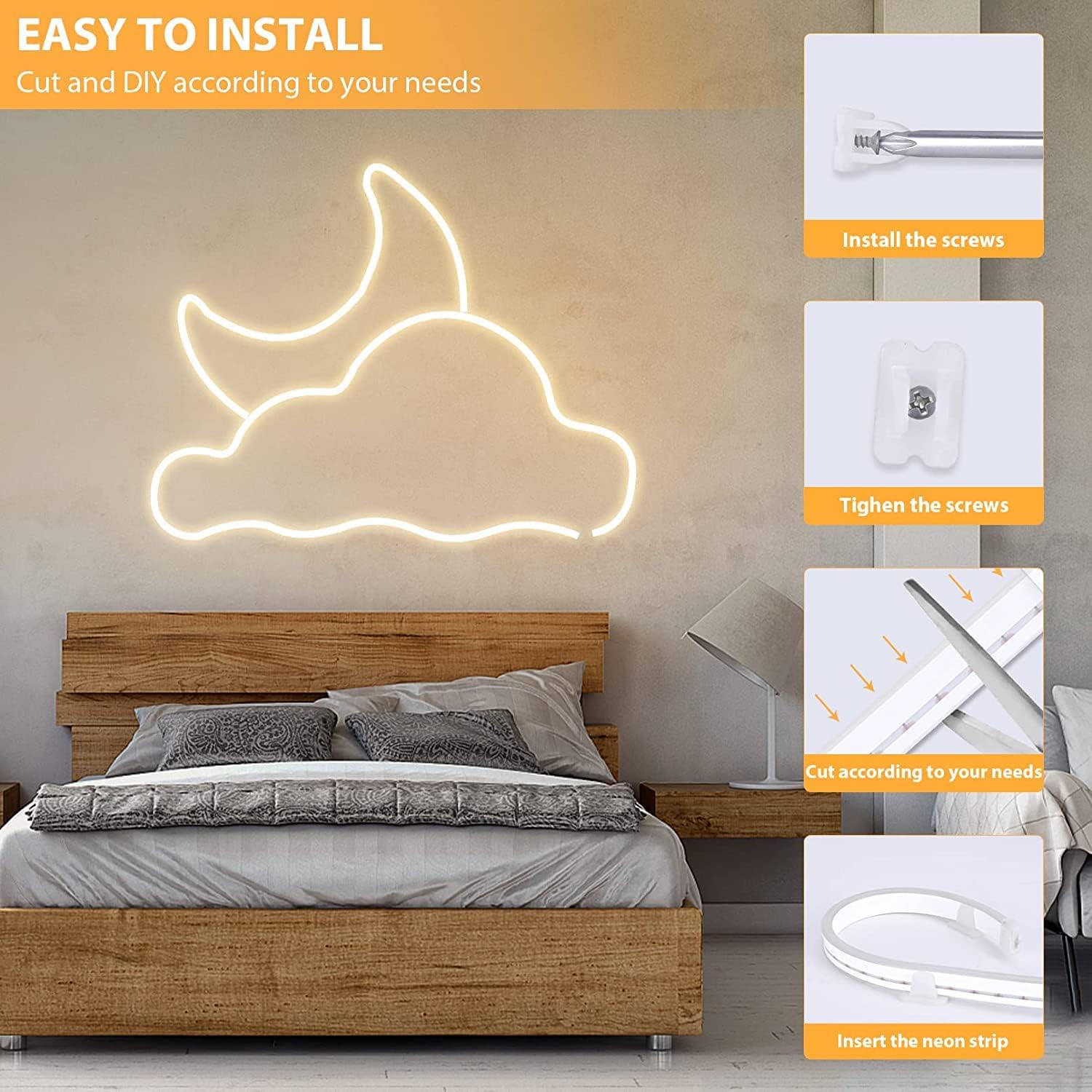 Neon cloud and moon light fixture on a wall above a bed with installation instructions displayed.