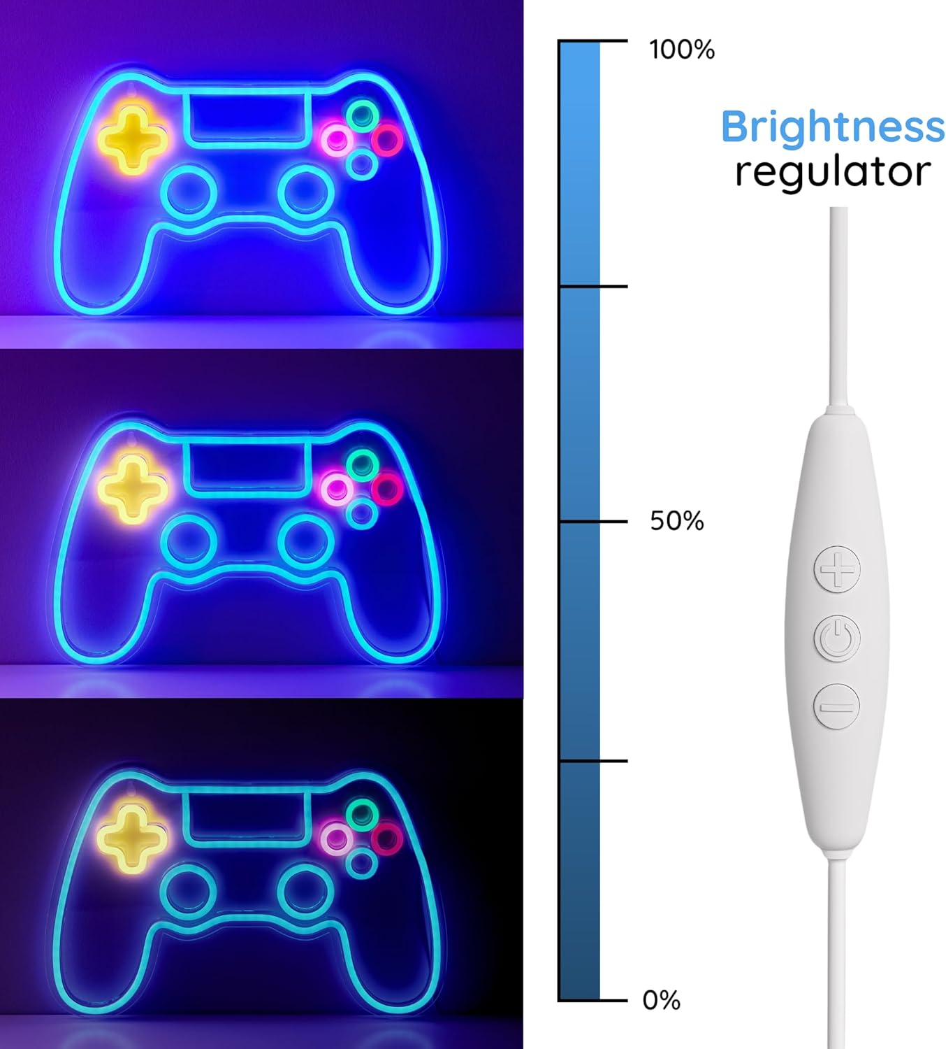 Neon light-up gaming controller with a brightness regulator on a dark background