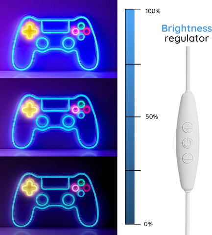 Neon light-up gaming controller with a brightness regulator on a dark background