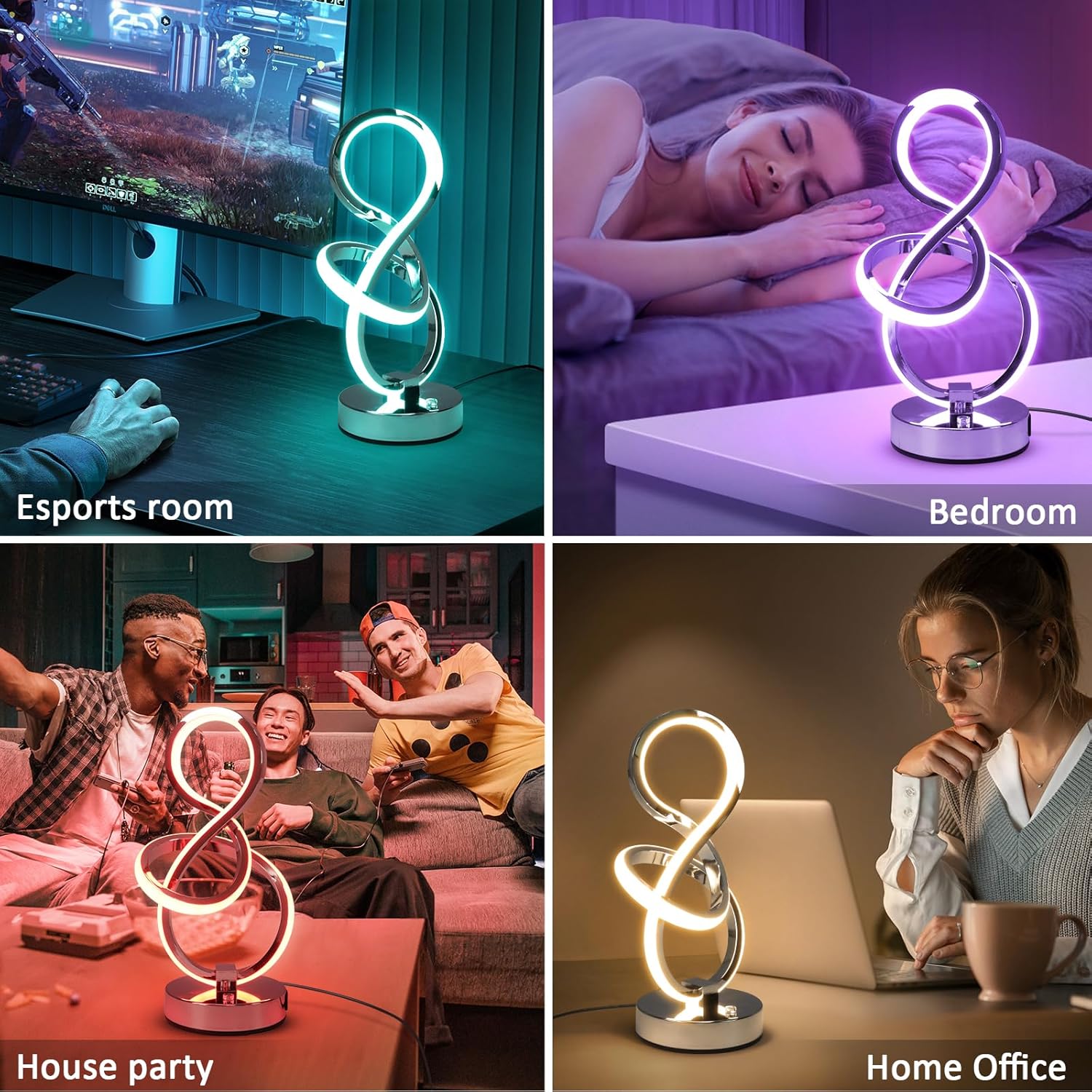 Neon light fixture in various settings including an esports room, bedroom, house party, and home office.