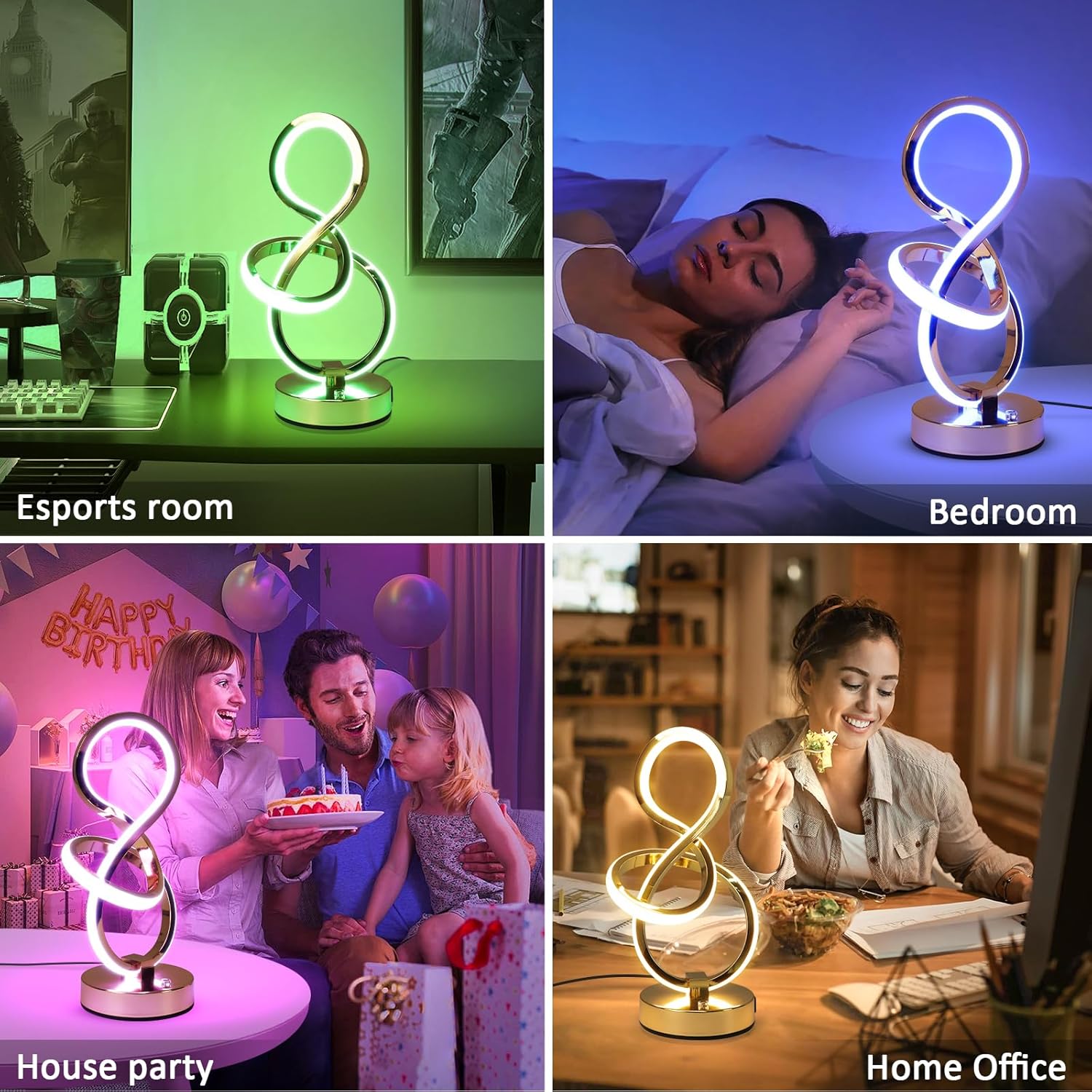 Neon light fixture used in various settings including an esports room, bedroom, house party, and home office.