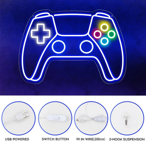Neon light shaped like a gaming controller on a blue background