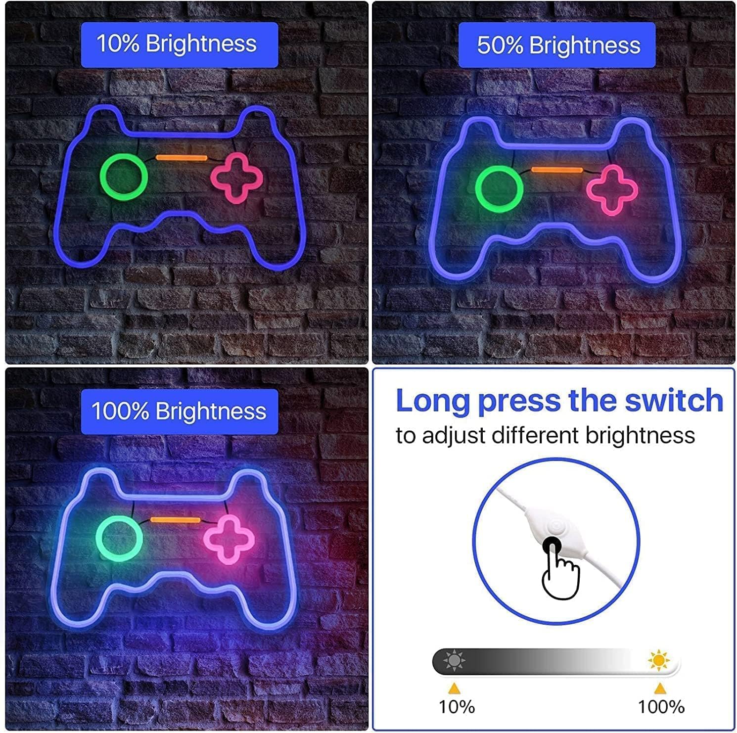 Neon light shaped like a gaming controller on a brick wall with brightness adjustment labels.