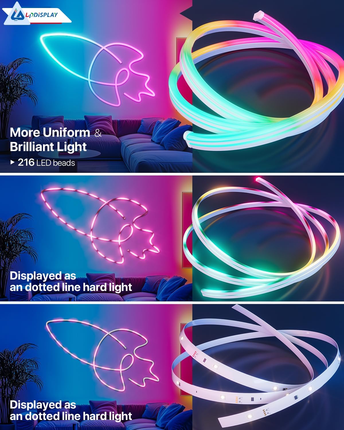 Neon light strip with LED beads displayed against a dark background