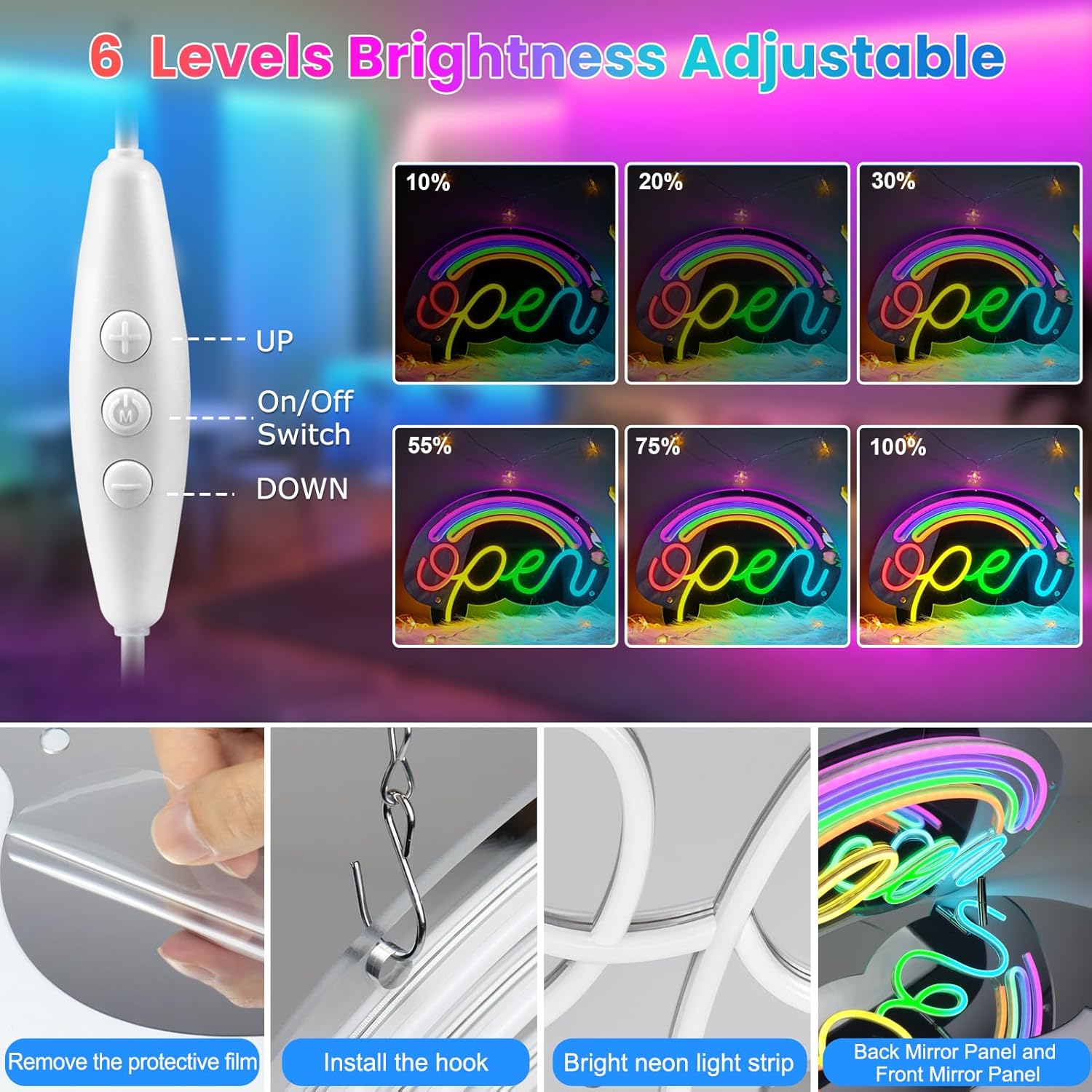 Neon light strip with adjustable brightness control and installation instructions.