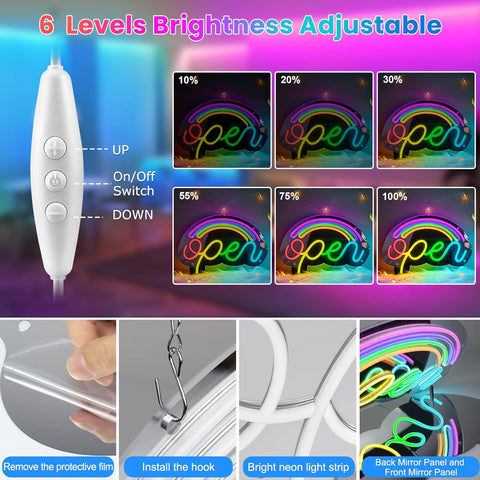 Neon light strip with adjustable brightness control and installation instructions.