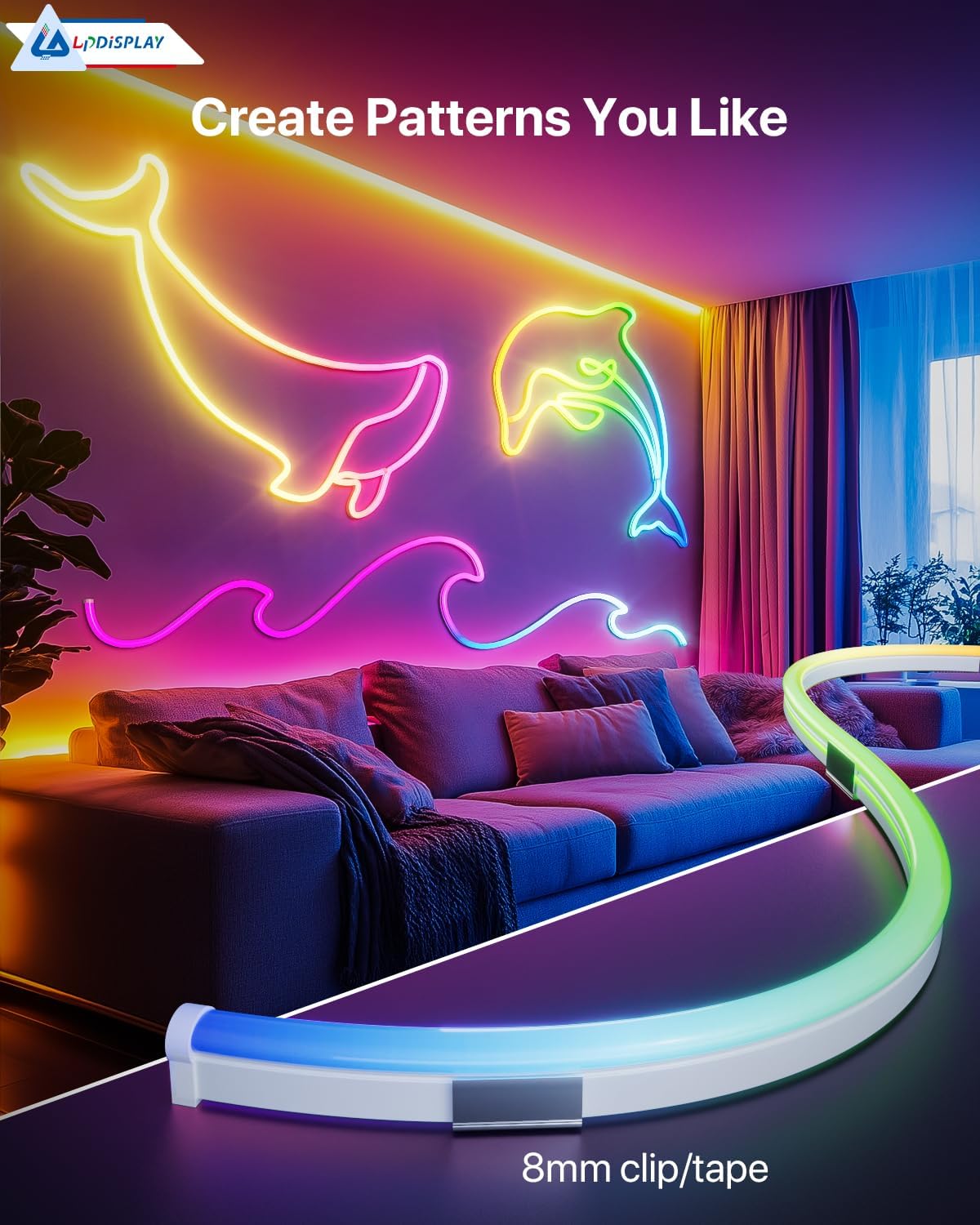 Neon light strip with dolphins on a wall above a sofa, featuring the brand 'LINSDISPLAY'.