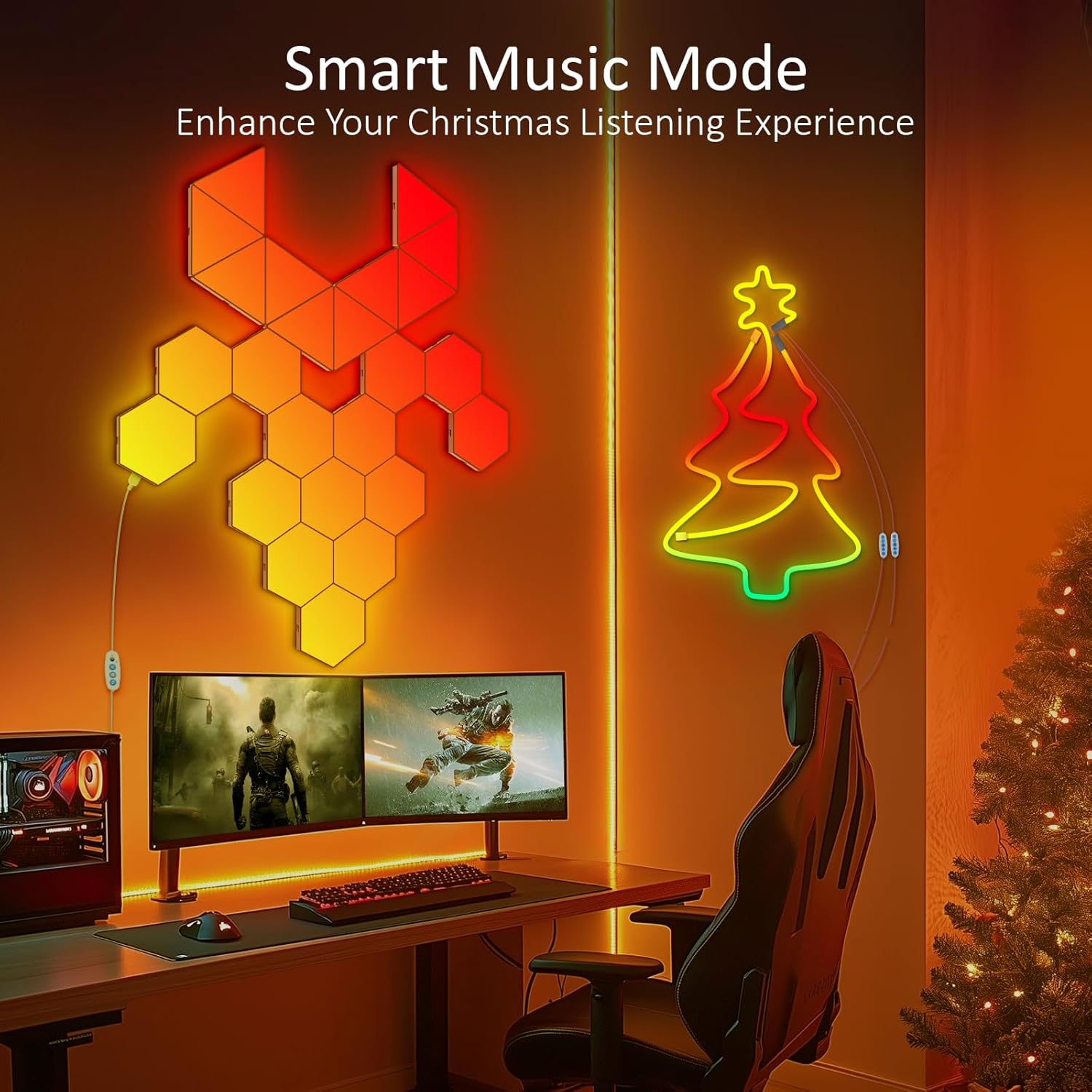 Neon lights in smart music mode with a Christmas tree design, desk setup, and tree in the background.