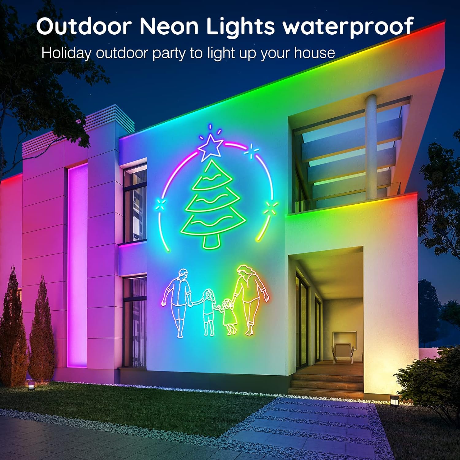Neon lights on a house exterior with Christmas tree and family design, text about waterproof outdoor lights.