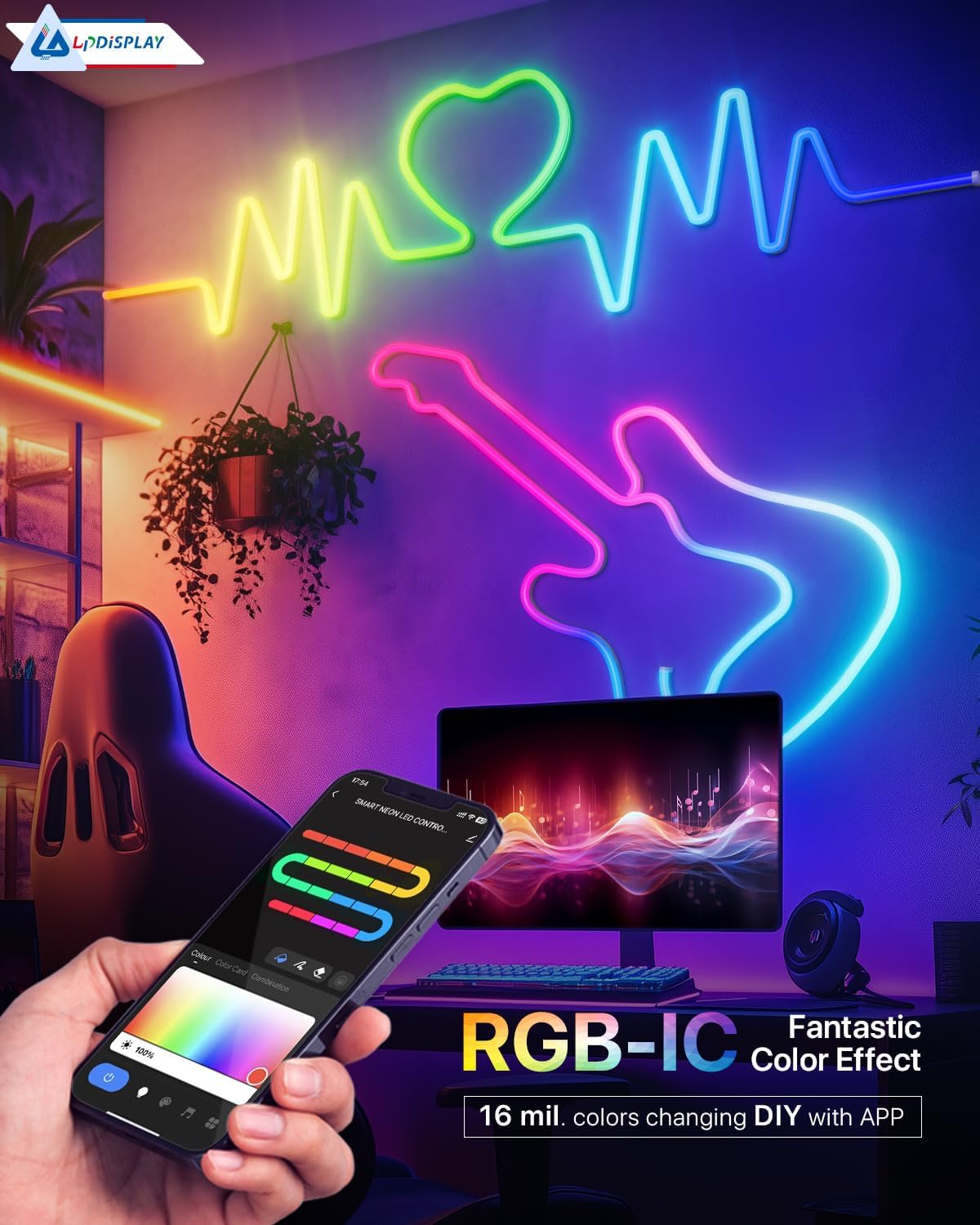 Neon lights shaped like a heart, guitar, and heartbeat line in a room with a person holding a smartphone.