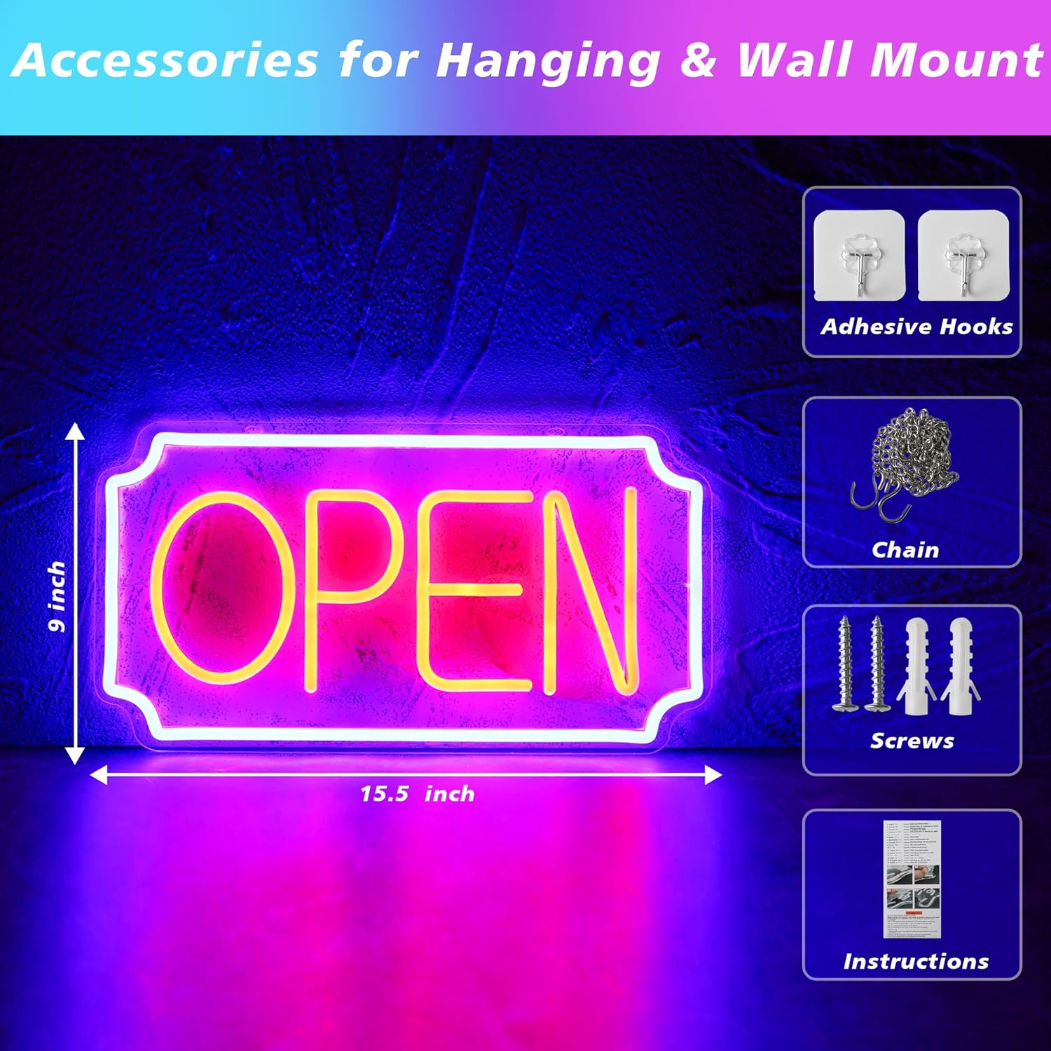 Neon open sign with accessories for hanging and wall mount on a dark background
