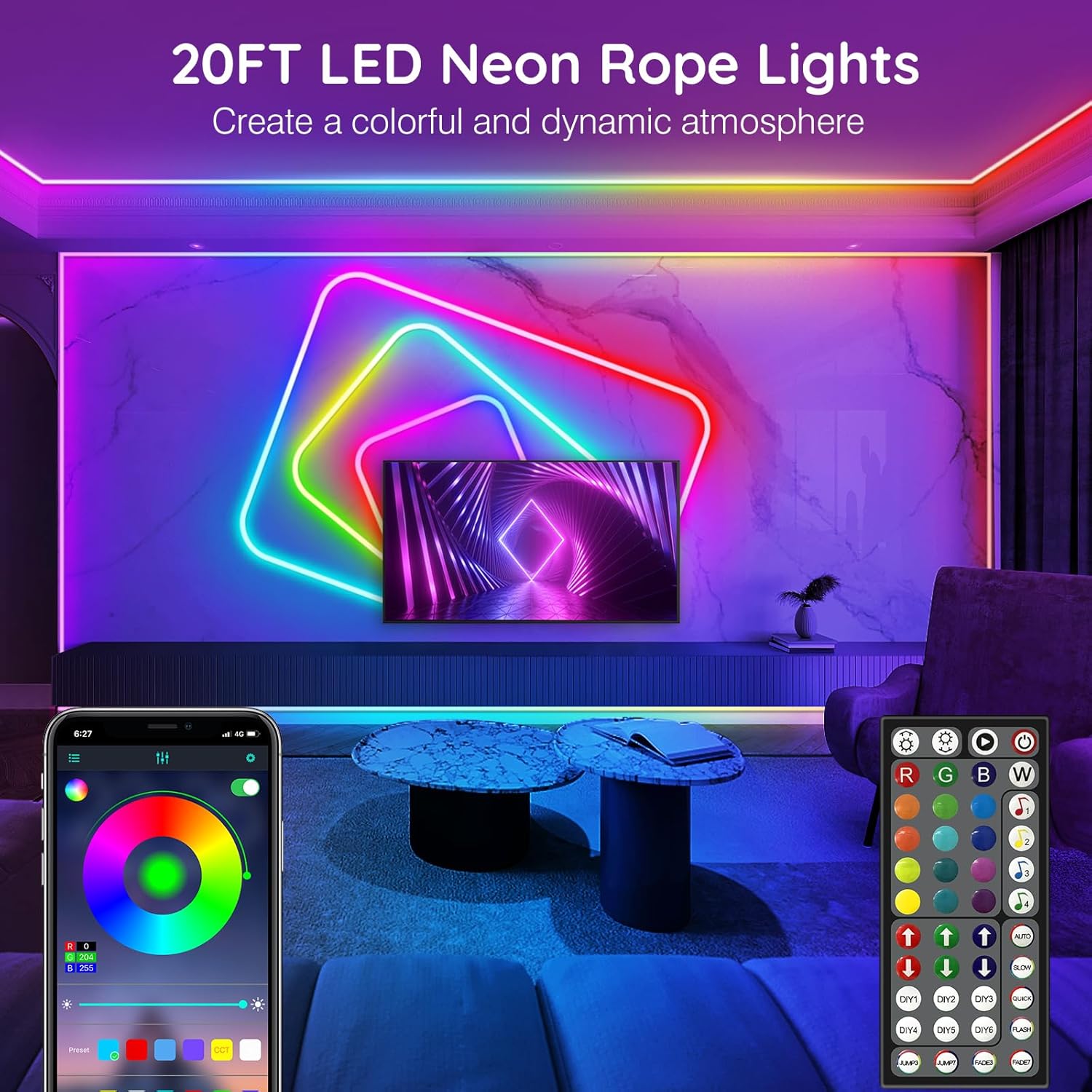 Neon rope lights in a room with a TV, smartphone app, and remote control.