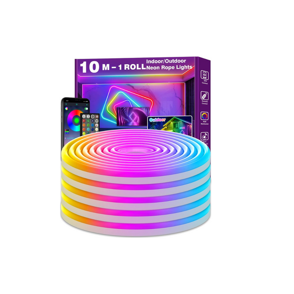 10m LED Rope Lights, Flexible Neon RGB LED Strip with App & Remote Control, Music Sync, Multiple Modes, IP65 Waterproof for Bedroom, Gaming, and Outdoor Decor