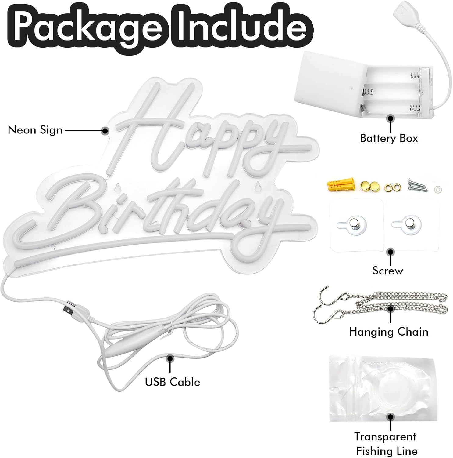Neon sign package with 'Happy Birthday' text, battery box, USB cable, screw, hanging chain, and fishing line on a white background.