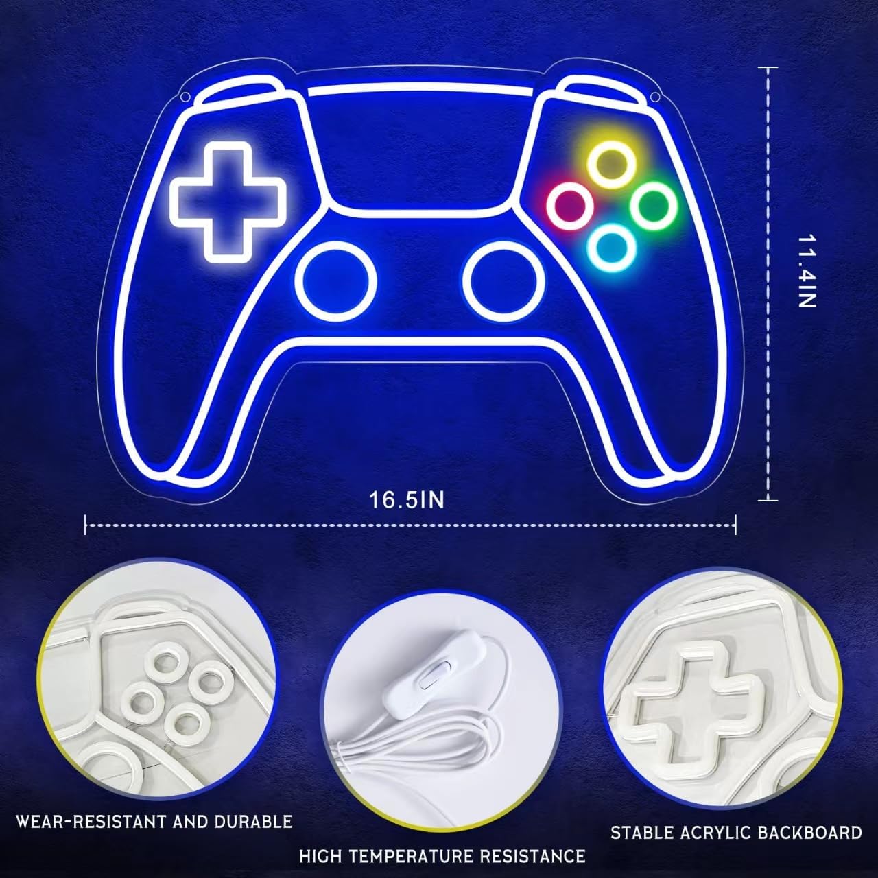 Neon sign of a gaming controller with dimensions and material quality details on a blue background