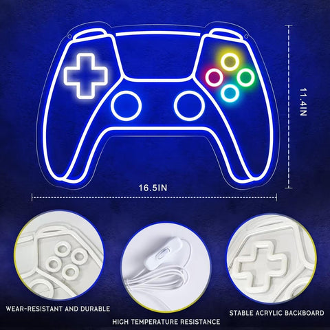 Neon sign of a gaming controller with dimensions and material quality details on a blue background