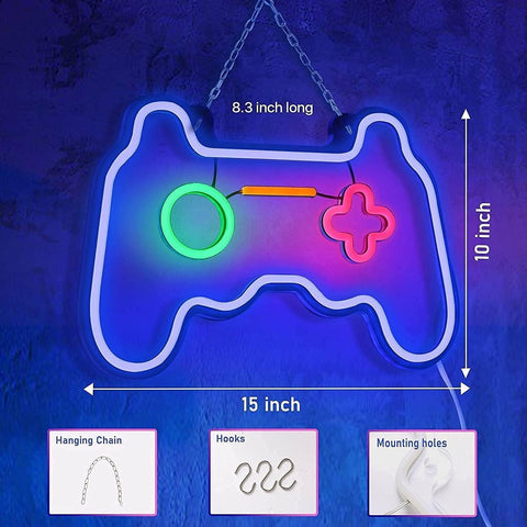Neon sign shaped like a gaming controller with measurements on a blue background