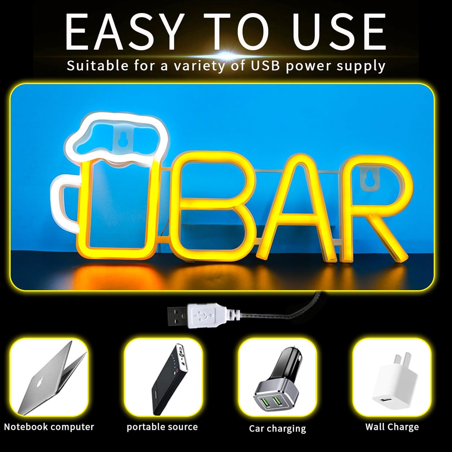 Neon sign with 'BAR' and USB cable illustration, suitable for various USB power supplies.