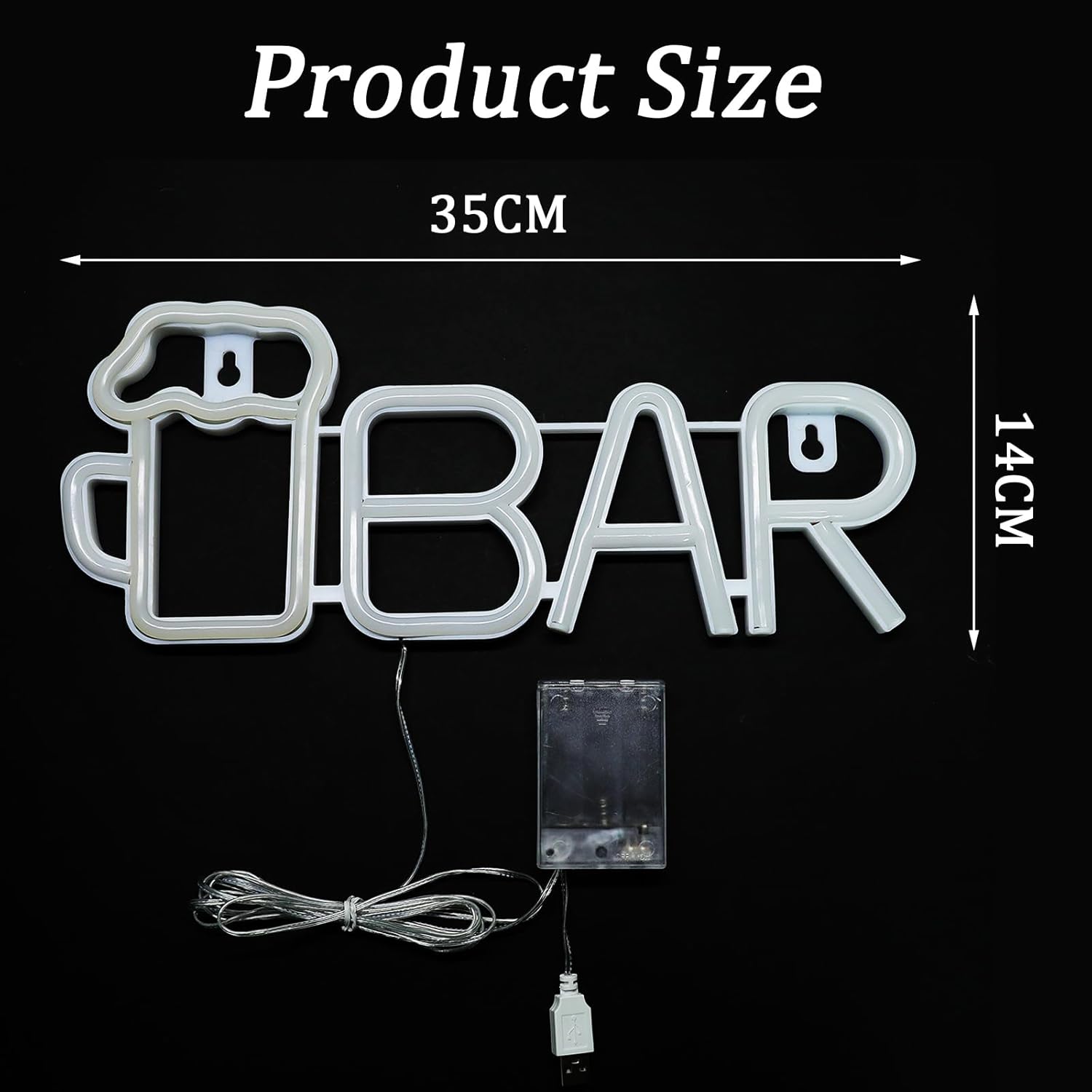 Neon sign with 'BAR' and beer mug design, showing dimensions on a black background.