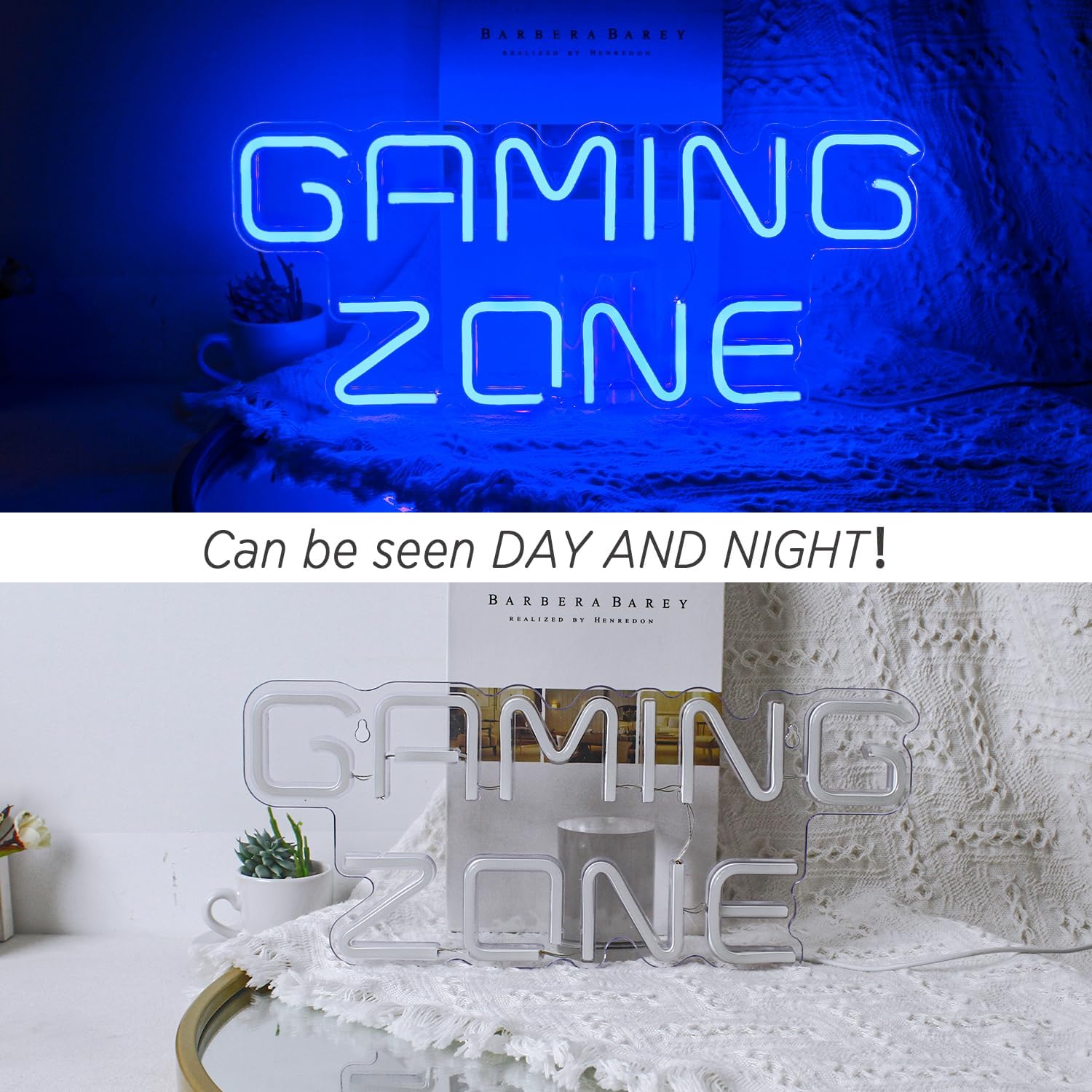 Neon sign with 'Gaming Zone' text on a blue background, and a white 'Gaming Zone' sign on a white surface.