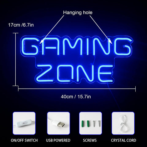 Neon sign with 'Gaming Zone' text, showing dimensions and included components on a dark background.