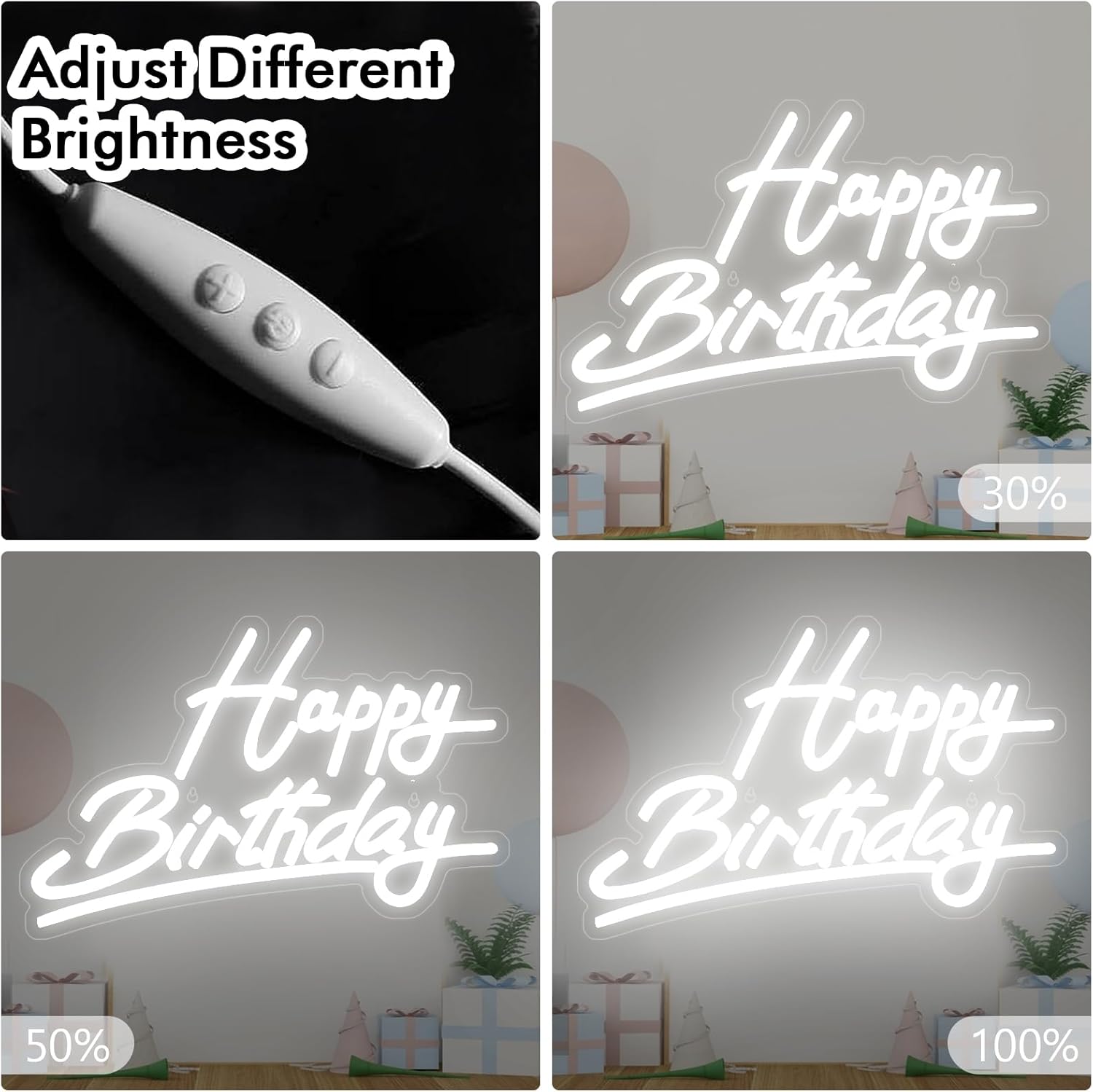 Neon sign with 'Happy Birthday' text, adjustable brightness shown on a dark background.