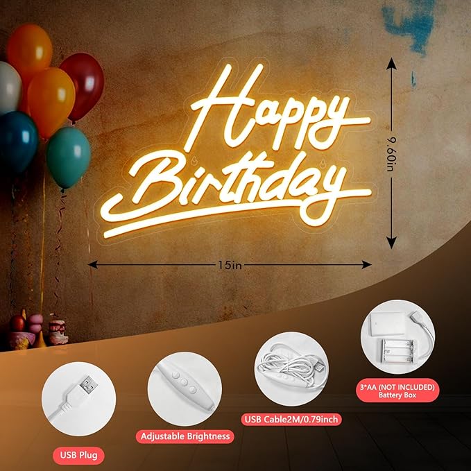 Neon sign with 'Happy Birthday' text, balloons, and product features on a brown background
