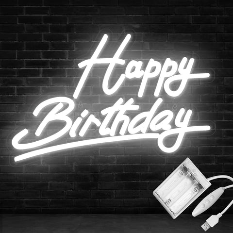 Neon sign with 'Happy Birthday' text on a brick wall background