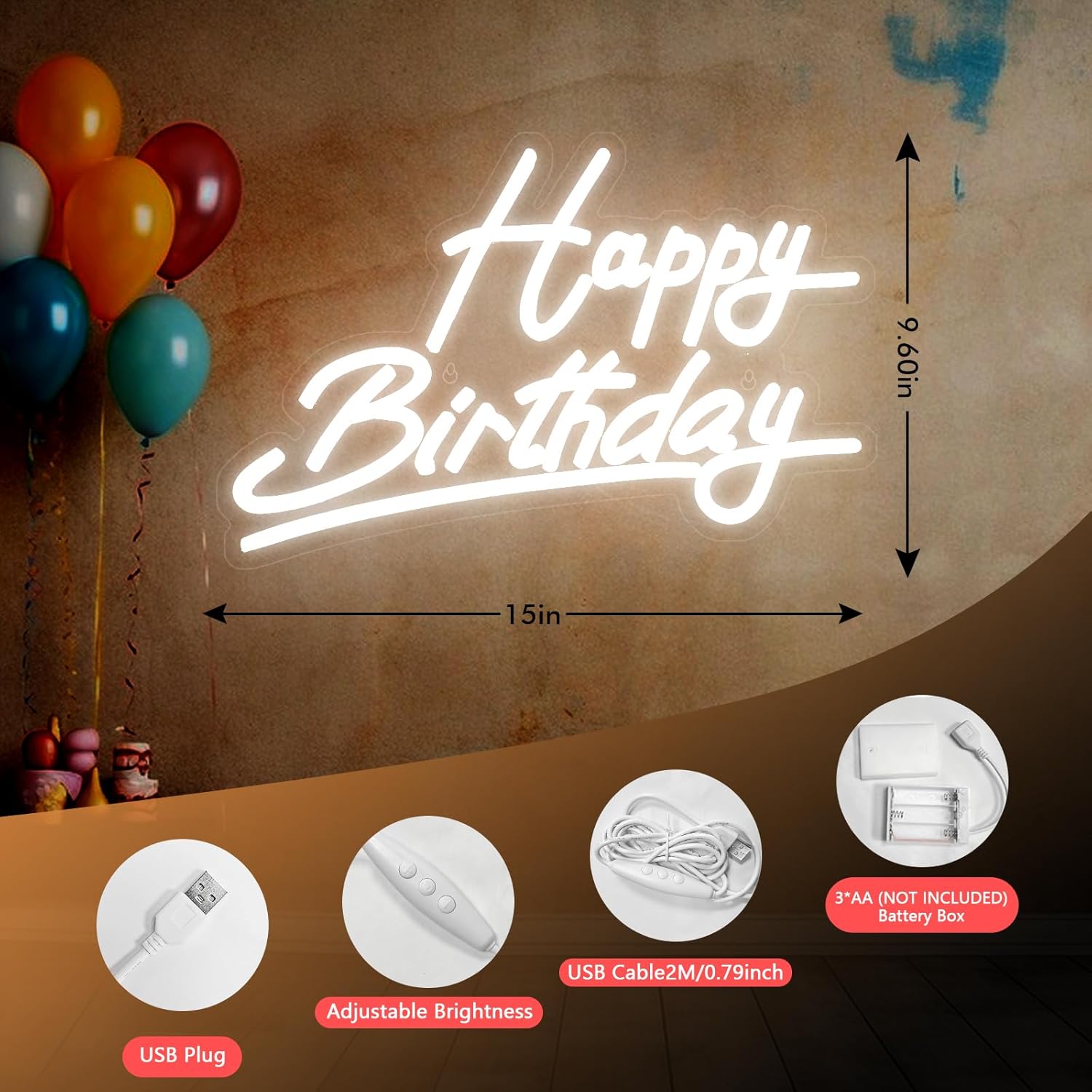 Neon sign with 'Happy Birthday' text on a brown background with balloons.