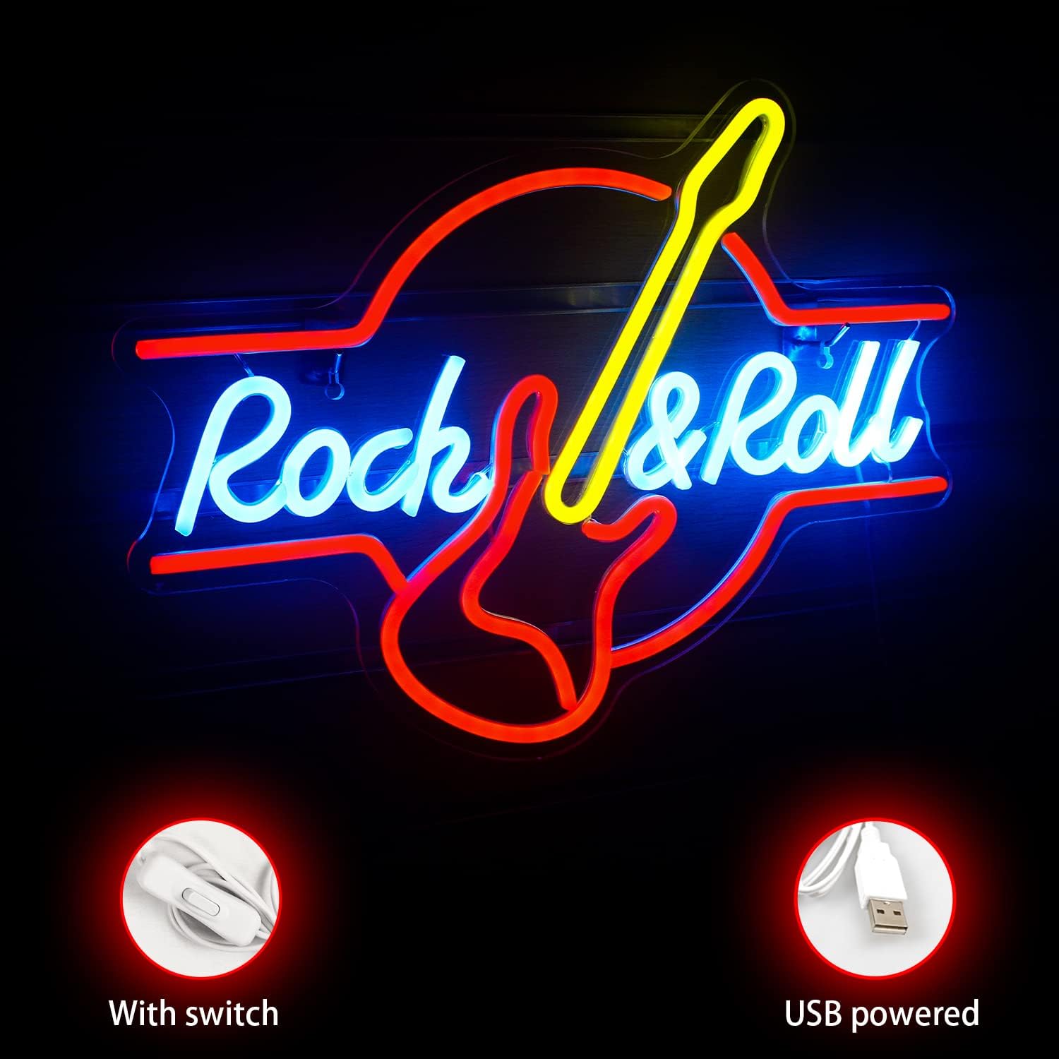 Neon sign with 'Rock & Roll' and guitar design, featuring USB power option.