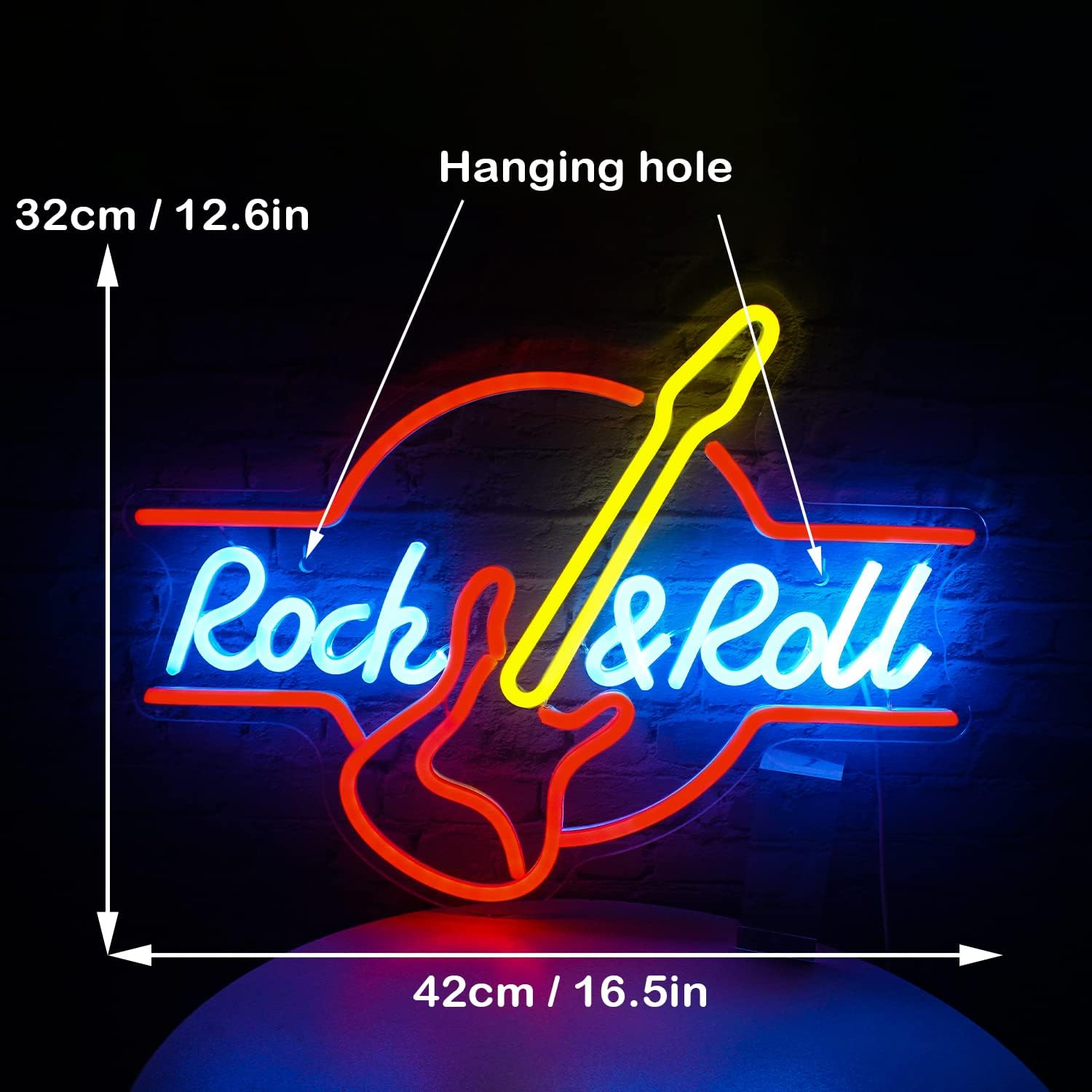 Neon sign with 'Rock & Roll' and guitar design, showing dimensions and hanging hole.