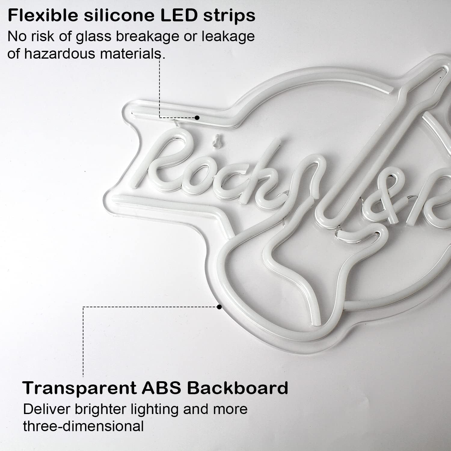 Neon sign with 'Rocky & Moby' design on a white background, featuring flexible silicone LED strips and transparent ABS backboard.