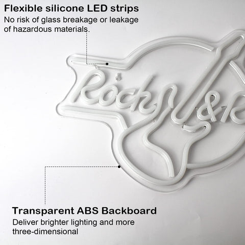 Neon sign with 'Rocky & Moby' design on a white background, featuring flexible silicone LED strips and transparent ABS backboard.