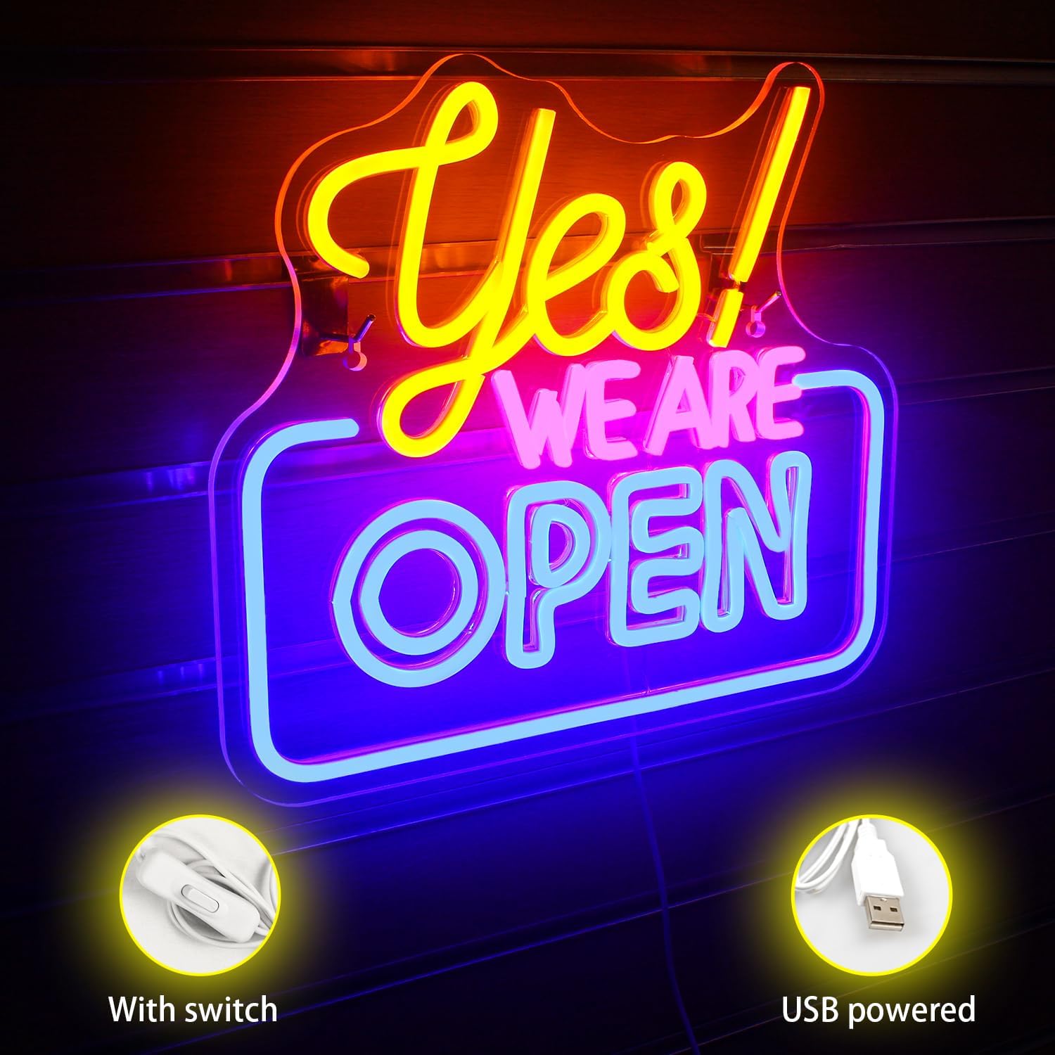 Neon sign with 'Yes! We Are Open' text, USB powered and switch options shown.