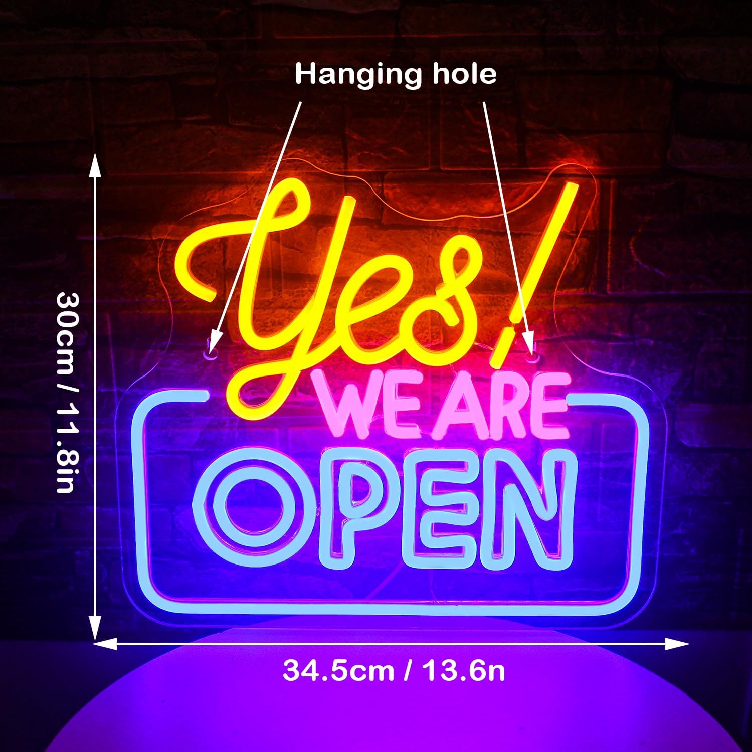 Neon sign with 'Yes! We Are Open' text, dimensions indicated, on a dark background.