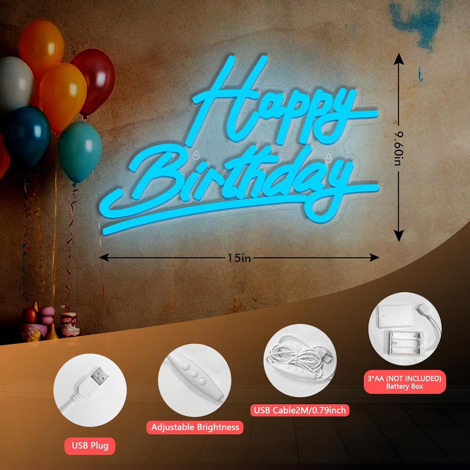 Neon sign with 'Happy Birthday' text, balloons, and product features on a brown background