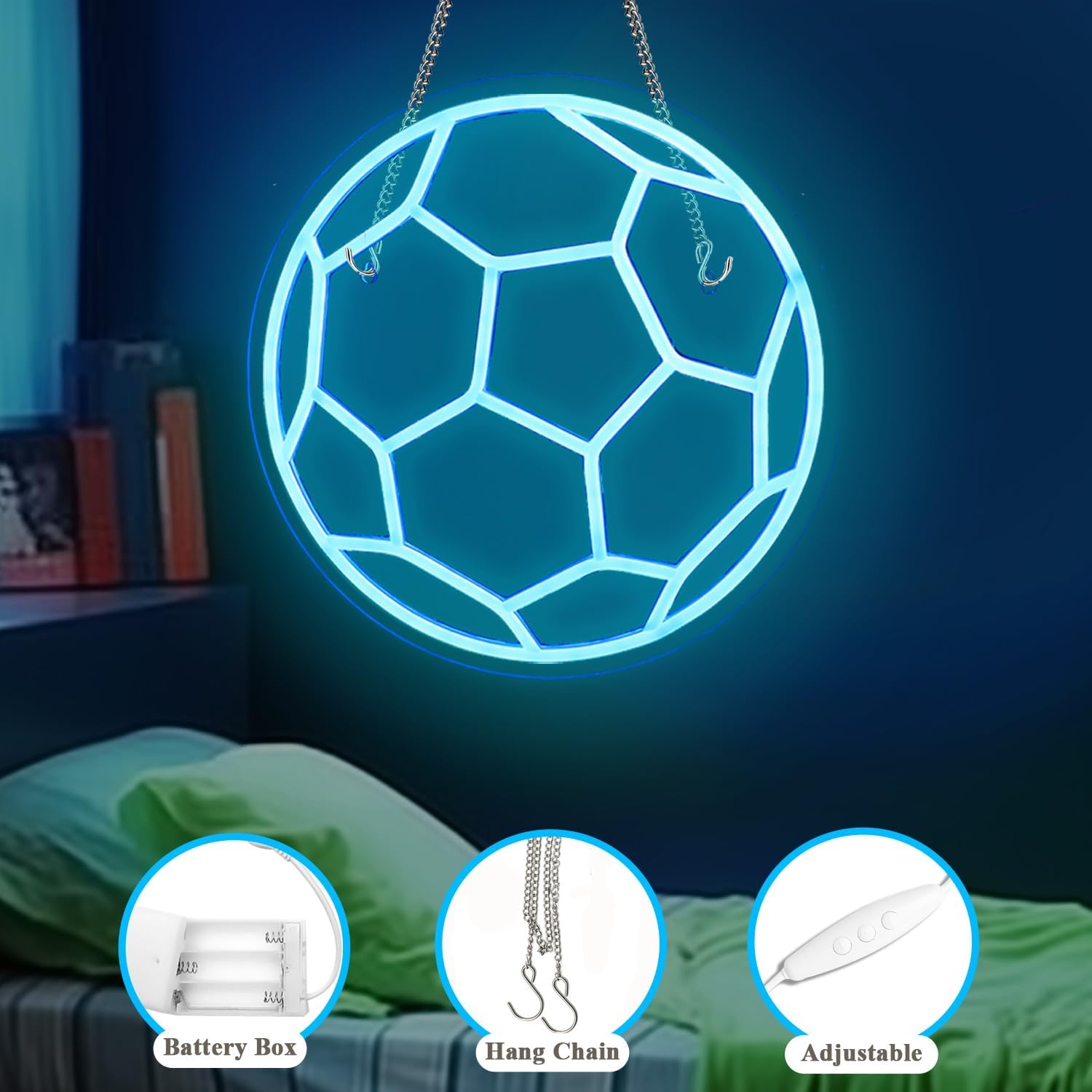 Neon soccer ball light hanging in a bedroom with features highlighted.