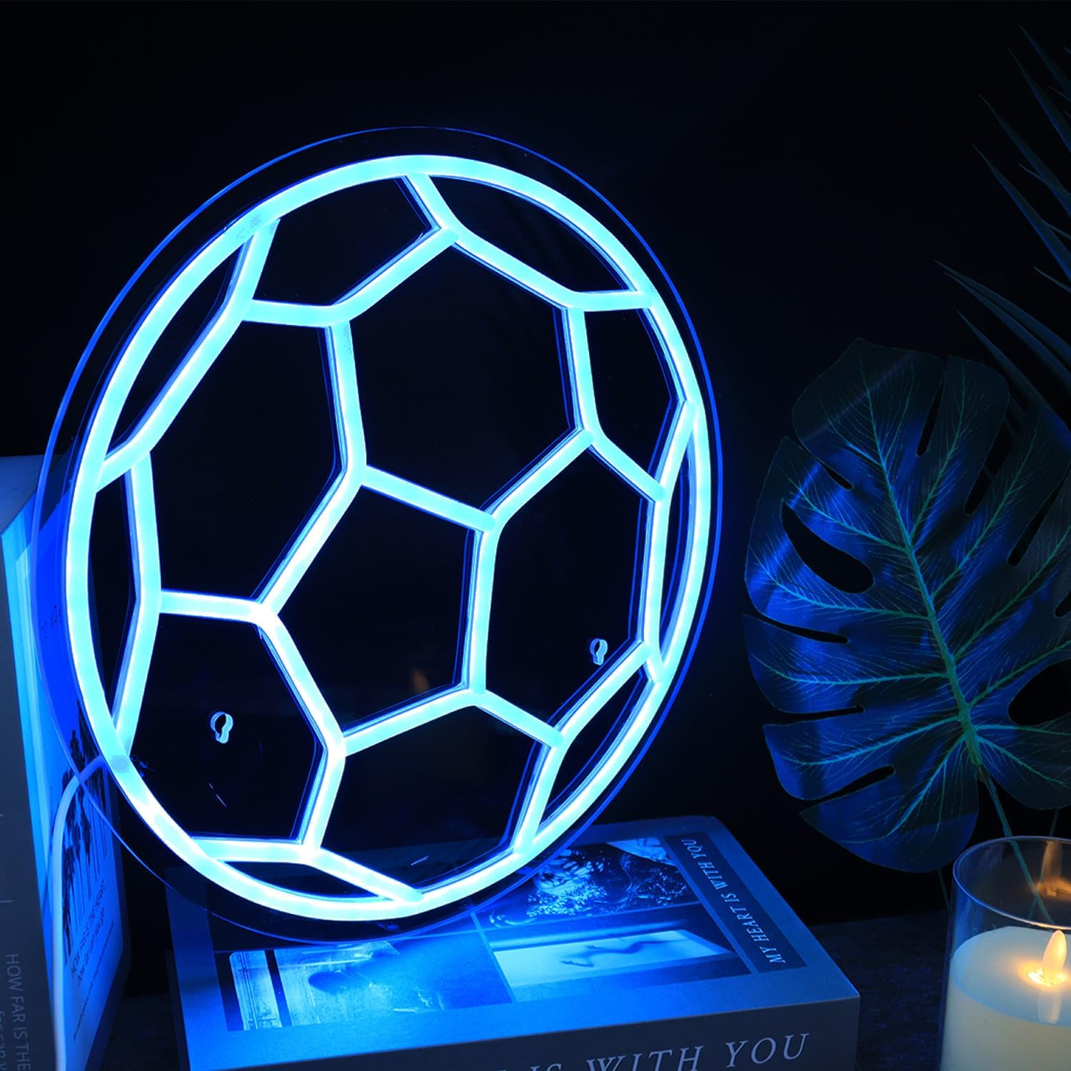 Neon soccer ball light on a book with a candle and leaf in the background