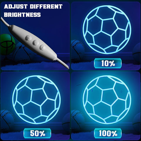 Neon soccer ball with brightness adjustment control on a dark background