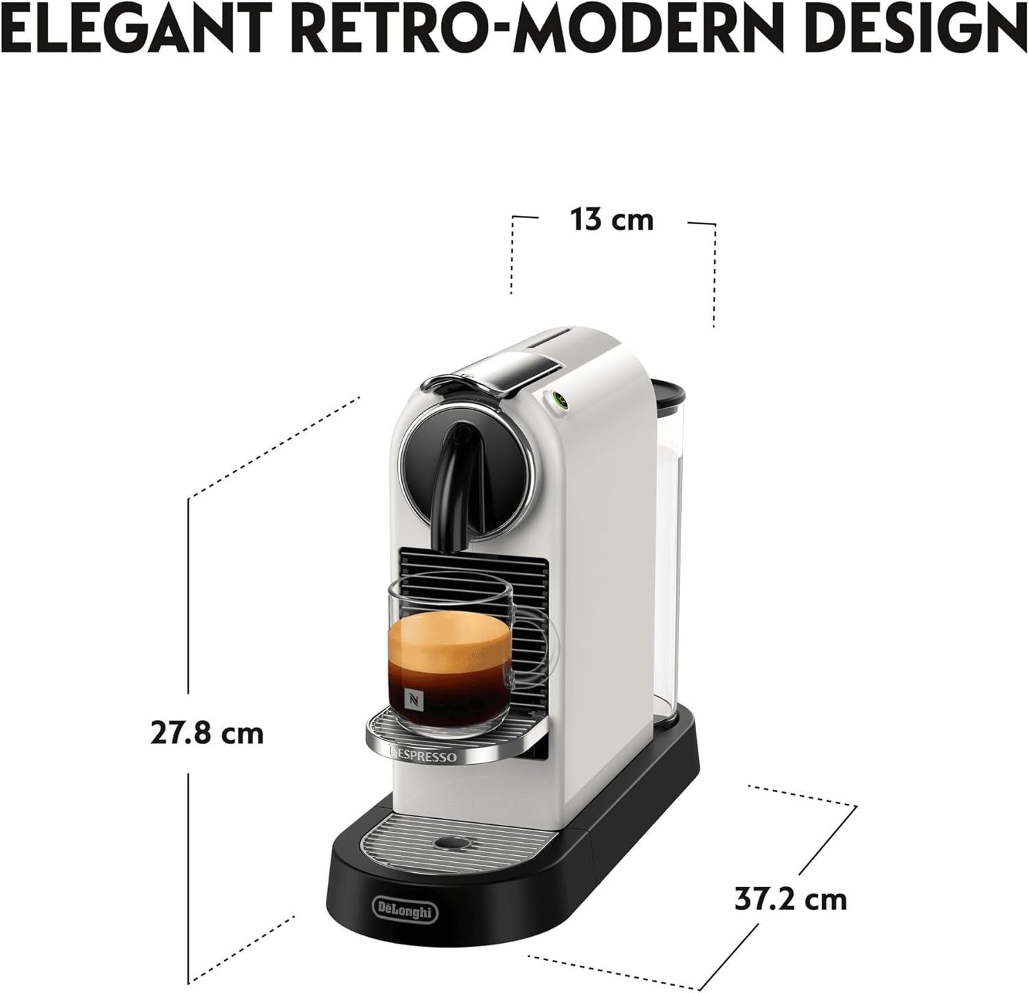 Nespresso coffee machine with dimensions labeled on a white background