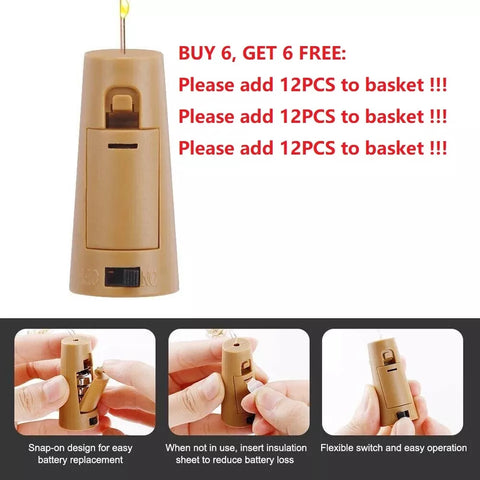 Battery-operated cork with LED lights inside a decorative vase.


