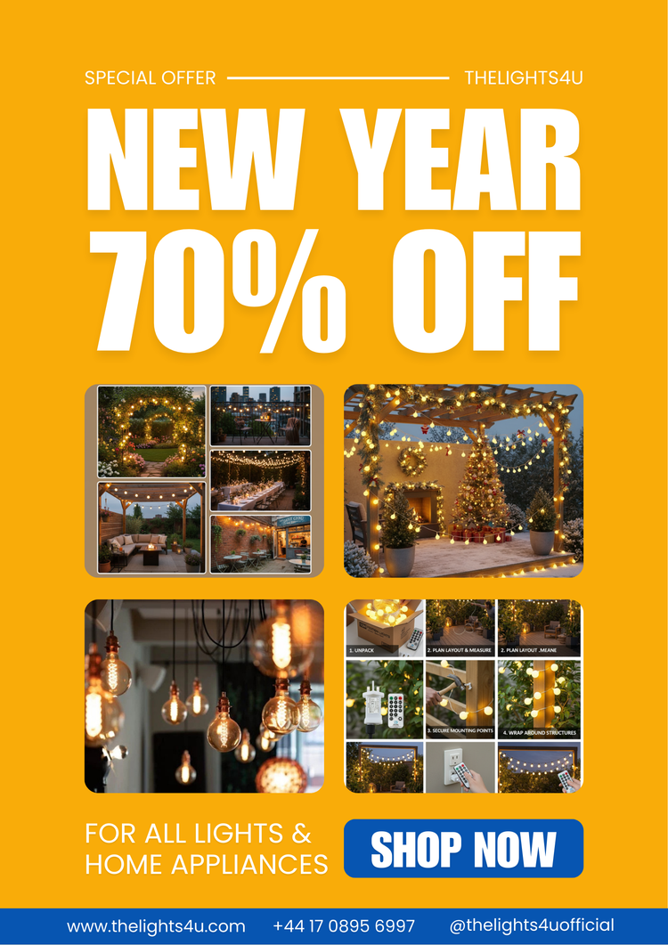 Promotional poster with 'New Year 70% Off' offer on lights and home appliances, featuring images of illuminated spaces.