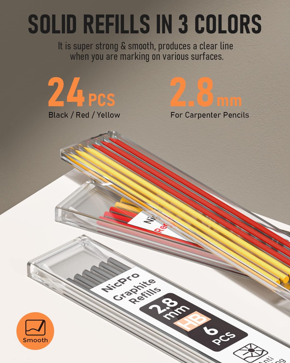 NicPro graphite refills in black, red, and yellow with packaging on a beige background