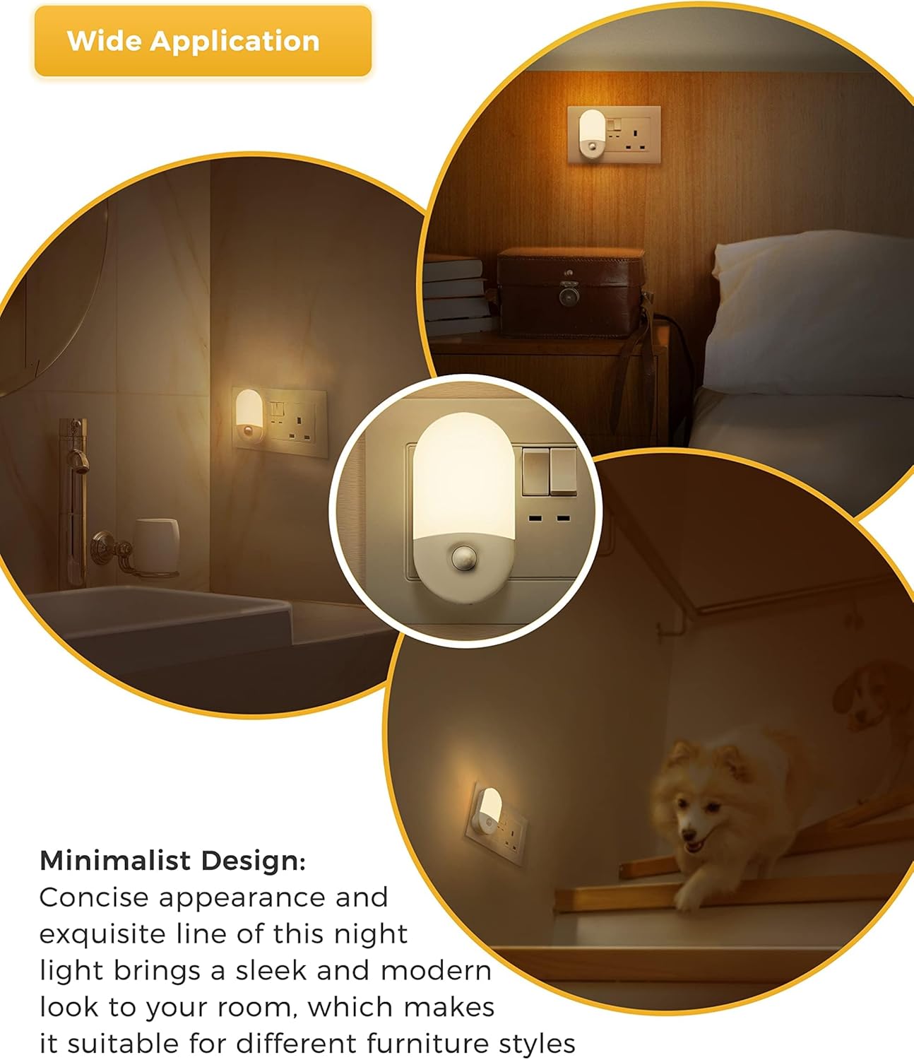 Night light in various settings with text about its design and application.